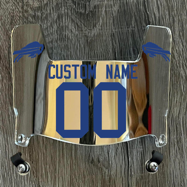 Buffalo Bills Custom Name & Number Mini Football Helmet Visor Shield Silver Chrome Mirror w/ Clips - BLUE
