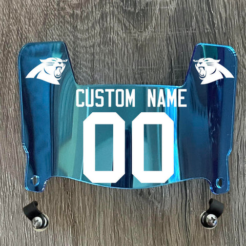 Carolina Panthers Custom Name & Number Mini Football Helmet Visor Shield Light Blue Chrome Mirror w/ Clips - WHITE