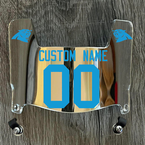 Carolina Panthers Custom Name & Number Mini Football Helmet Visor Shield Silver Chrome Mirror w/ Clips - LIGHT BLUE