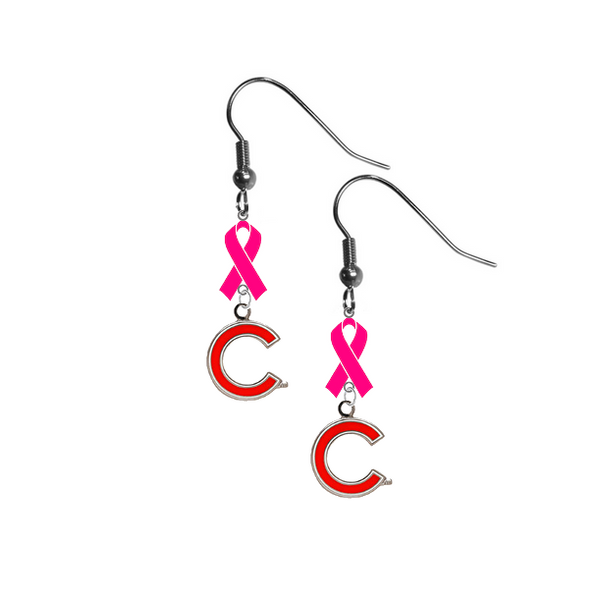 Chicago Cubs Style 2 Breast Cancer Awareness Pink Ribbon Dangle Earrings