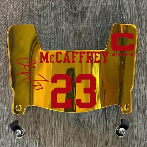 San Francisco 49ers Christian McCaffrey Mini Football Helmet Visor Shield Gold Chrome Mirror w/ Clips
