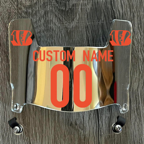 Cincinnati Bengals Custom Name & Number Mini Football Helmet Visor Shield Silver Chrome Mirror w/ Clips - ORANGE