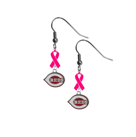 Cincinnati Reds MLB Breast Cancer Awareness Pink Ribbon Dangle Earrings