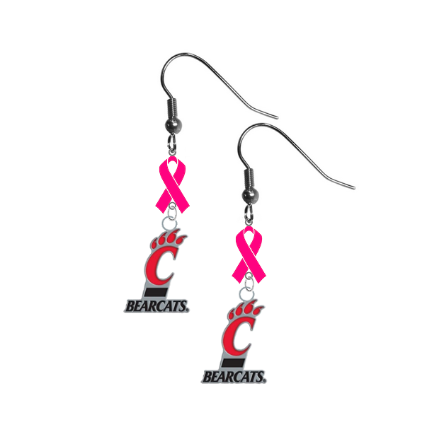 Cincinnati Bearcats Breast Cancer Awareness Hot Pink Ribbon Dangle Earrings