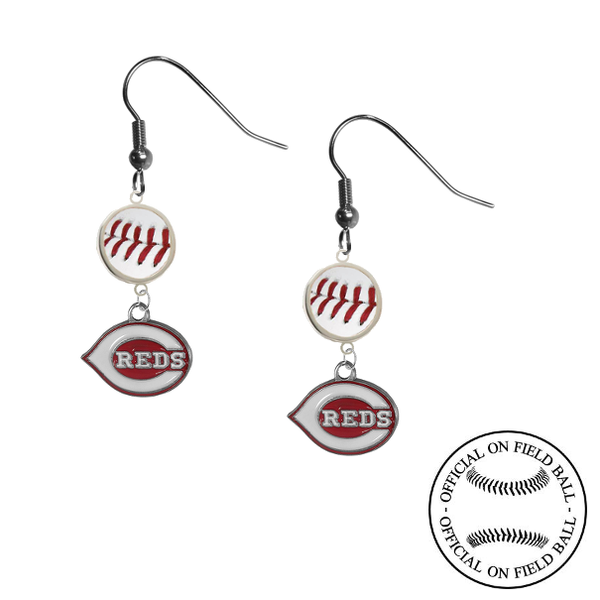Cincinnati Reds MLB Authentic Rawlings On Field Leather Baseball Dangle Earrings