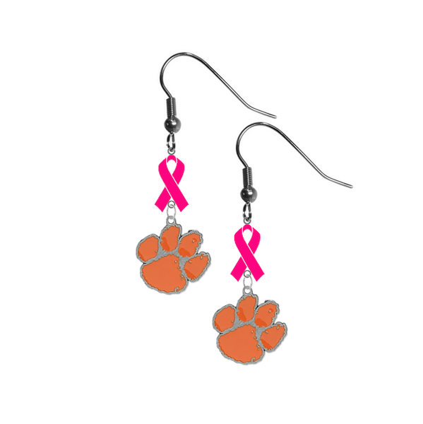 Clemson Tigers Breast Cancer Awareness Hot Pink Ribbon Dangle Earrings