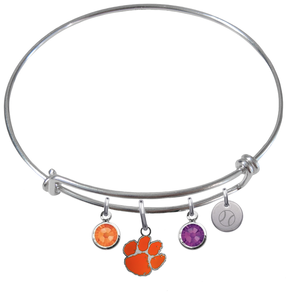 Clemson Tigers Baseball Expandable Wire Bangle Charm Bracelet