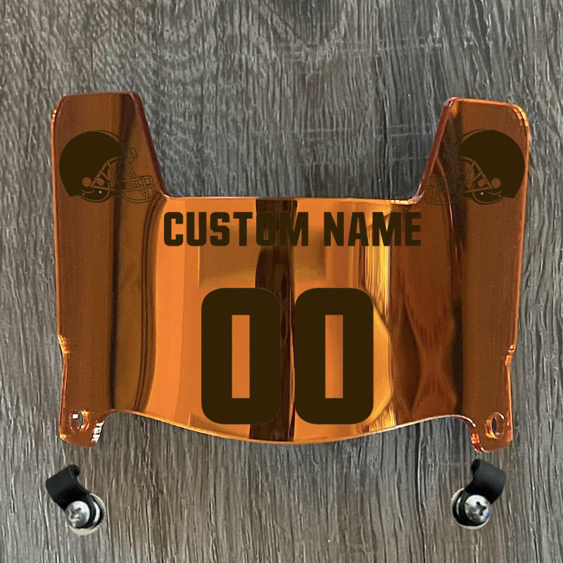 Cleveland Browns Custom Name & Number Mini Football Helmet Visor Shield Orange Chrome Mirror w/ Clips - BROWN