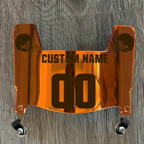Cleveland Browns Custom Name & Number Mini Football Helmet Visor Shield Orange Chrome Mirror w/ Clips - BROWN