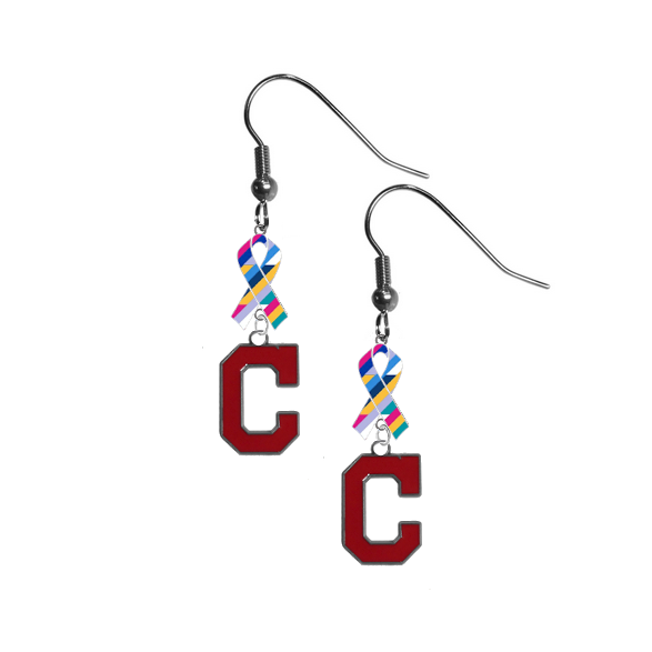 Cleveland Indians C Logo MLB Crucial Catch Cancer Awareness Ribbon Dangle Earrings