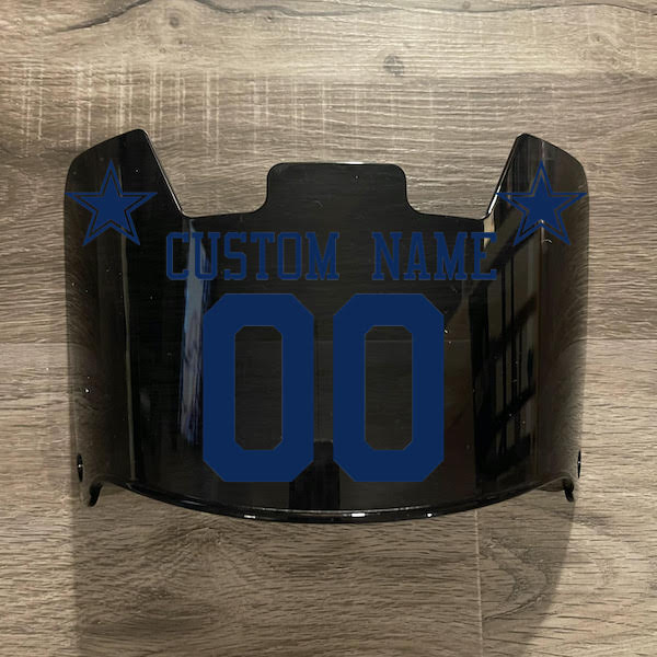 Dallas Cowboys Custom Name & Number Full Size Football Helmet Visor Shield Black Dark Tint w/ Clips - NAVY BLUE