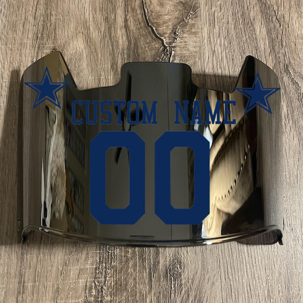 Dallas Cowboys Custom Name & Number Full Size Football Helmet Visor Shield Silver Chrome Mirror w/ Clips - NAVY BLUE