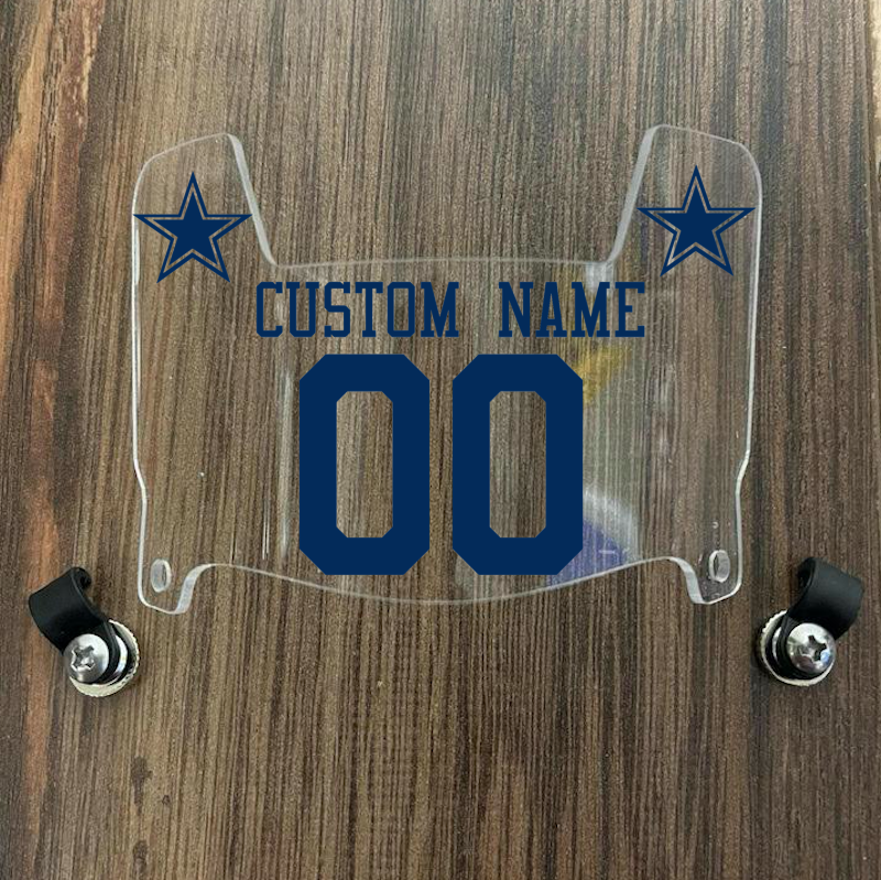 Dallas Cowboys Custom Name & Number Mini Football Helmet Visor Shield Clear w/ Clips - NAVY BLUE