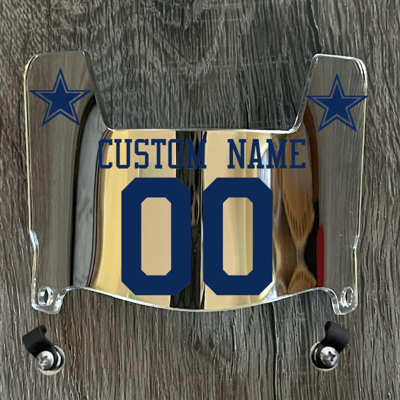 Dallas Cowboys Custom Name & Number Mini Football Helmet Visor Shield Silver Chrome Mirror w/ Clips - NAVY BLUE