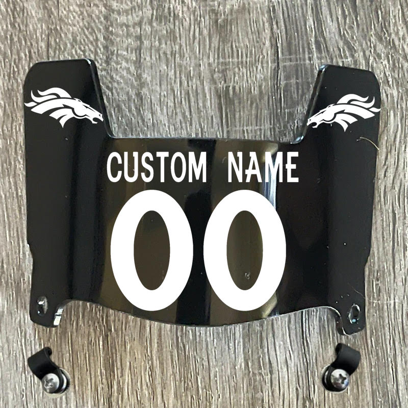 Denver Broncos Custom Name & Number Mini Football Helmet Visor Shield Black Dark Tint w/ Clips - WHITE