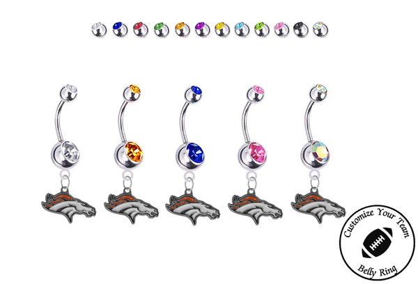 Denver Broncos Silver Swarovski Belly Button Navel Ring - Customize Gem Colors