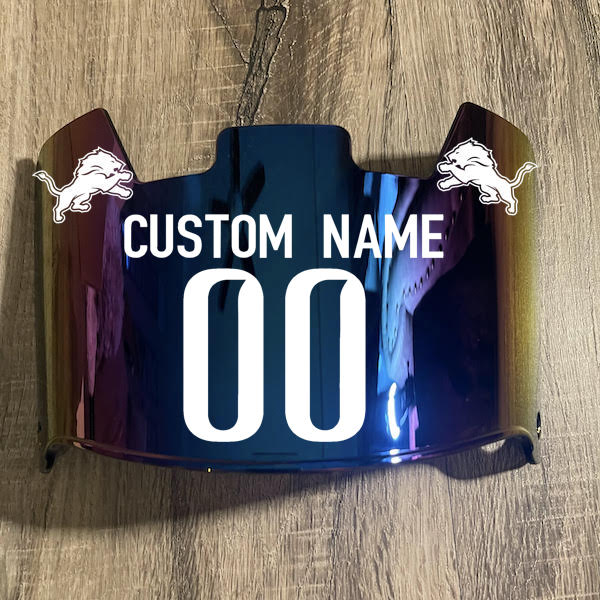 Detroit Lions Custom Name & Number Full Size Football Helmet Visor Shield Blue Iridium Mirror w/ Clips - WHITE