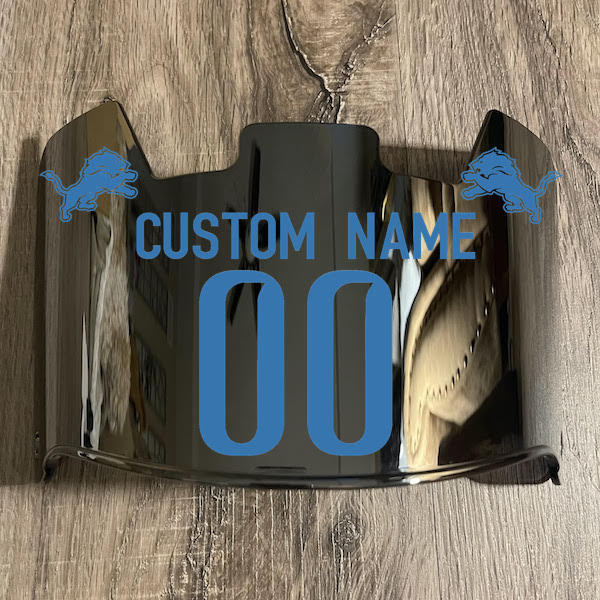 Detroit Lions Custom Name & Number Full Size Football Helmet Visor Shield Silver Chrome Mirror w/ Clips - LIGHT BLUE