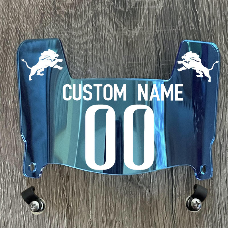 Detroit Lions Custom Name & Number Mini Football Helmet Visor Shield Blue Chrome Mirror w/ Clips - WHITE