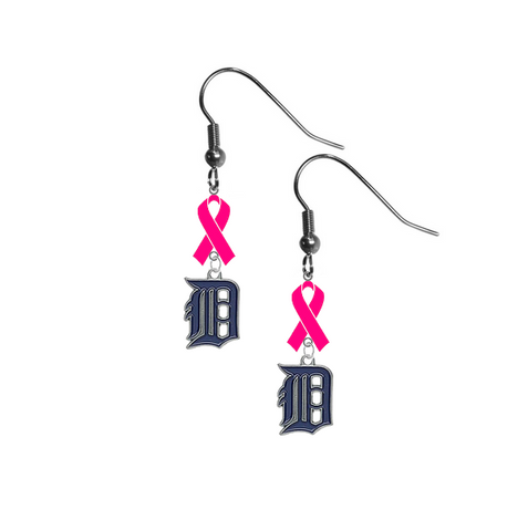 Detroit Tigers MLB Breast Cancer Awareness Pink Ribbon Dangle Earrings