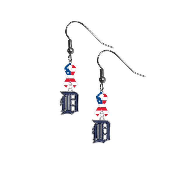 Detroit Tigers MLB USA American Flag Ribbon Dangle Earrings