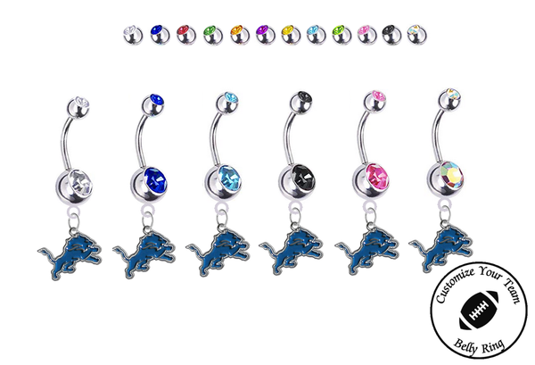 Detroit Lions Silver Swarovski Belly Button Navel Ring - Customize Gem Colors