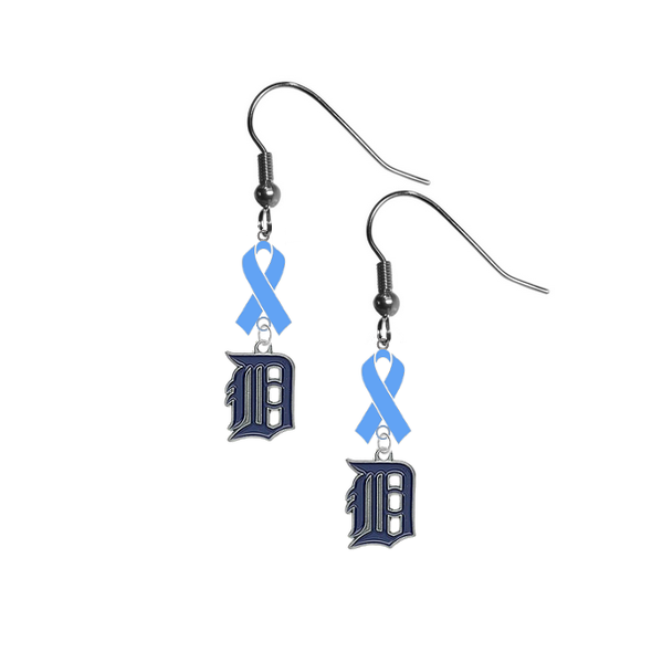 Detroit Tigers MLB Prostate Cancer Awareness Light Blue Ribbon Dangle Earrings