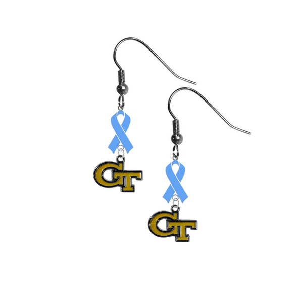Georgia Tech Yellow Jackets Prostate Cancer Awareness Light Blue Ribbon Dangle Earrings