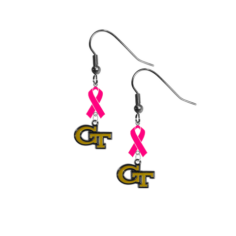 Georgia Tech Yellow Jackets Breast Cancer Awareness Hot Pink Ribbon Dangle Earrings