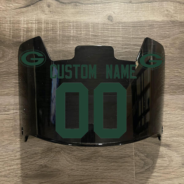 Green Bay Packers Custom Name & Number Full Size Football Helmet Visor Shield Black Dark Tint w/ Clips - GREEN