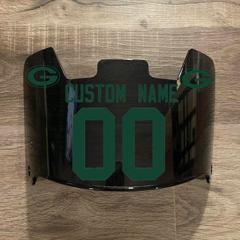 Green Bay Packers Custom Name & Number Full Size Football Helmet Visor Shield Black Dark Tint w/ Clips - GREEN