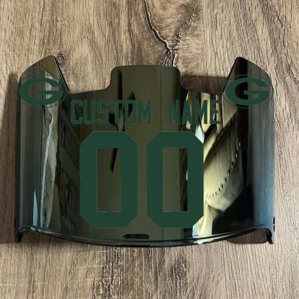Green Bay Packers Custom Name & Number Full Size Football Helmet Visor Shield Gold Iridium Mirror w/ Clips - GREEN