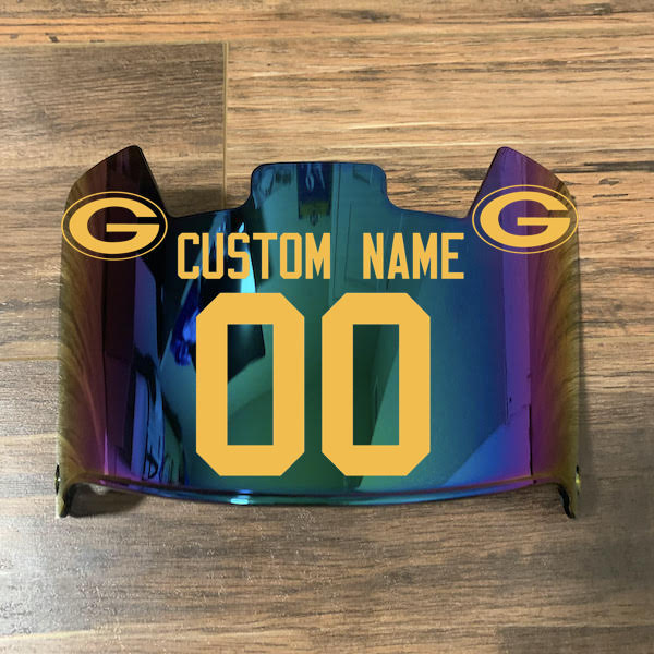Green Bay Packers Custom Name & Number Full Size Football Helmet Visor Shield Green Iridium Mirror w/ Clips - YELLOW