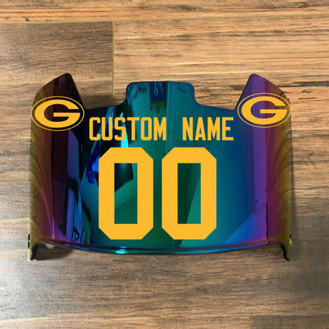 Green Bay Packers Custom Name & Number Full Size Football Helmet Visor Shield Green Iridium Mirror w/ Clips - YELLOW
