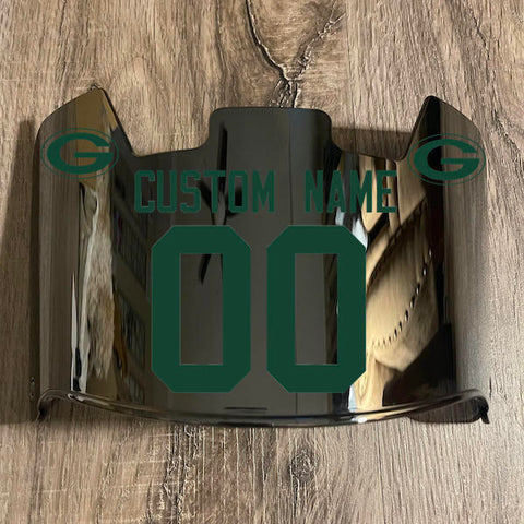 Green Bay Packers Custom Name & Number Full Size Football Helmet Visor Shield Silver Chrome Mirror w/ Clips - GREEN