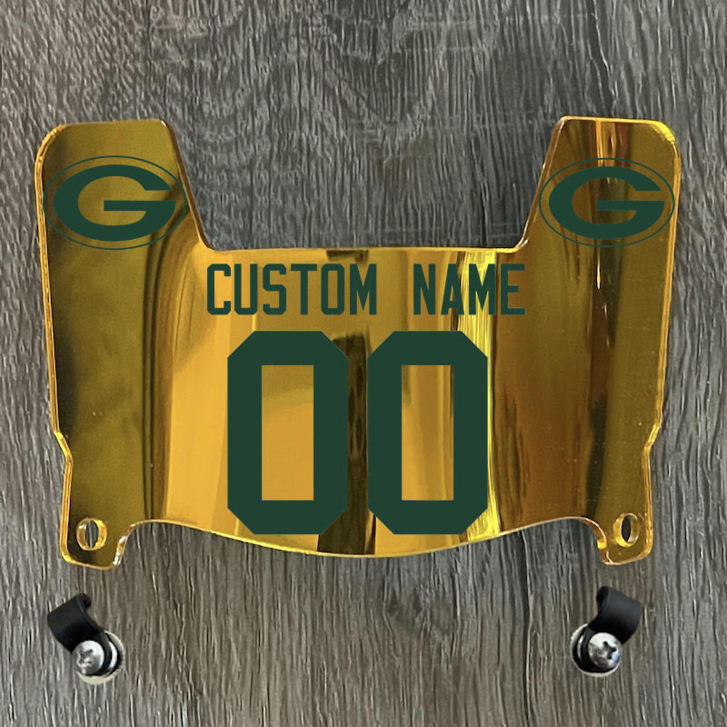 Green Bay Packers Custom Name & Number Mini Football Helmet Visor Shield Gold Chrome Mirror w/ Clips - GREEN