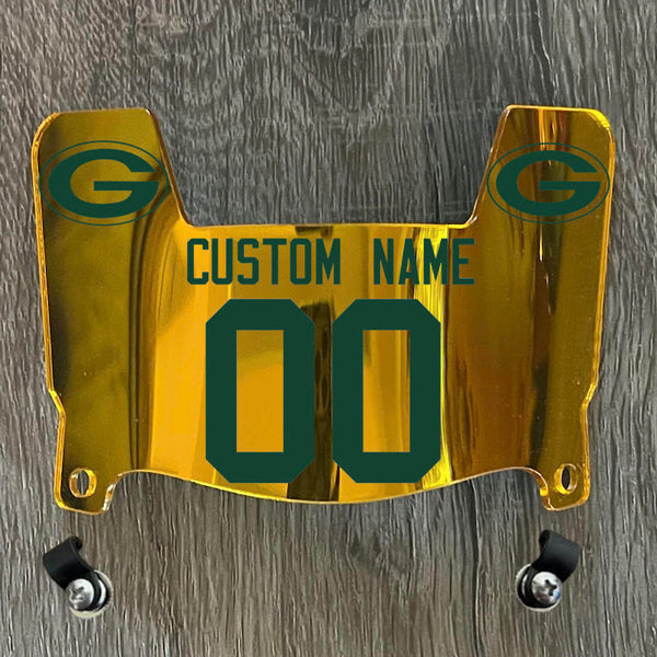 Green Bay Packers Custom Name & Number Mini Football Helmet Visor Shield Gold Chrome Mirror w/ Clips - GREEN
