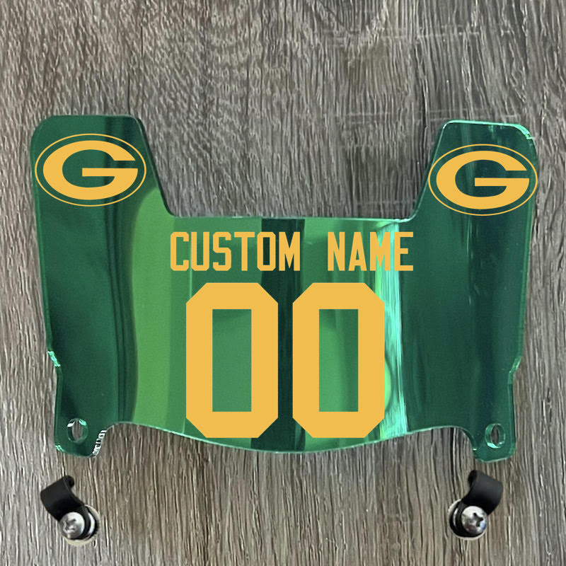 Green Bay Packers Custom Name & Number Mini Football Helmet Visor Shield Green Chrome Mirror w/ Clips - YELLOW