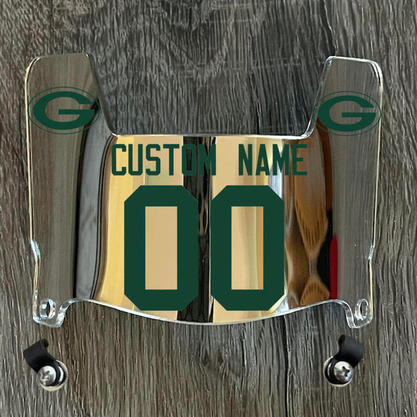 Green Bay Packers Custom Name & Number Mini Football Helmet Visor Shield Silver Chrome Mirror w/ Clips - GREEN