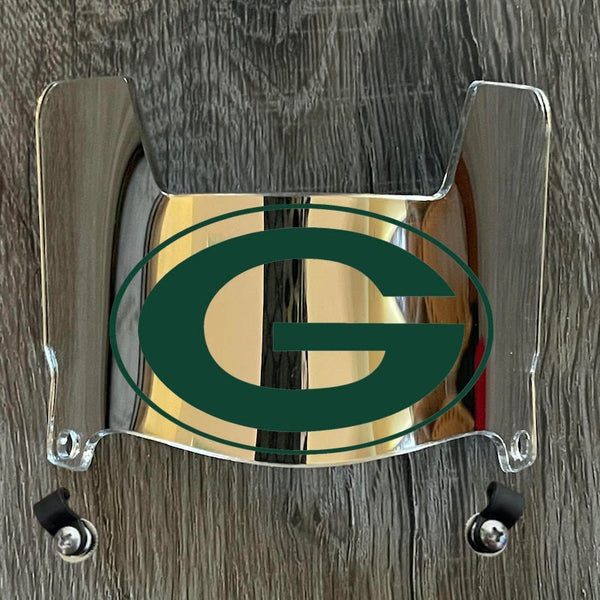 Green Bay Packers Mini Football Helmet Visor Shield Silver Chrome Mirror w/ Clips