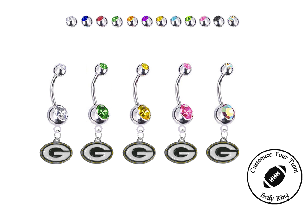Green Bay Packers Silver Swarovski Belly Button Navel Ring - Customize Gem Colors