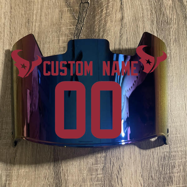 Houston Texans Custom Name & Number Full Size Football Helmet Visor Shield Blue Iridium Mirror w/ Clips - RED