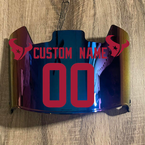 Houston Texans Custom Name & Number Full Size Football Helmet Visor Shield Blue Iridium Mirror w/ Clips - RED