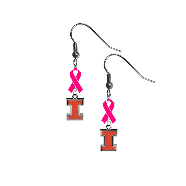 Illinois Fighting Illini Breast Cancer Awareness Hot Pink Ribbon Dangle Earrings