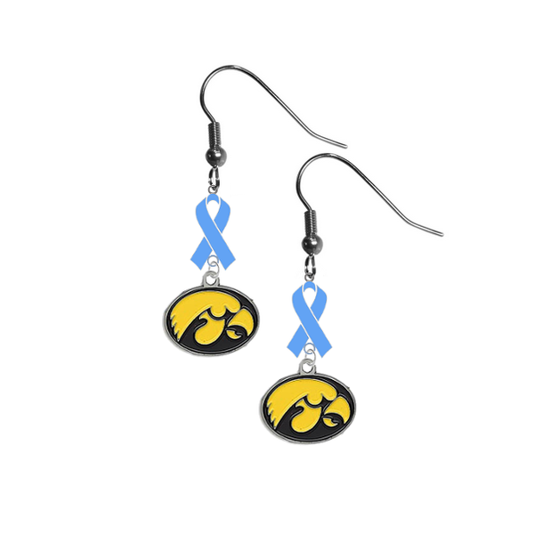 Iowa Hawkeyes Prostate Cancer Awareness Light Blue Ribbon Dangle Earrings