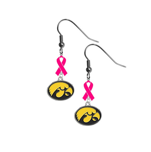 Iowa Hawkeyes Breast Cancer Awareness Hot Pink Ribbon Dangle Earrings