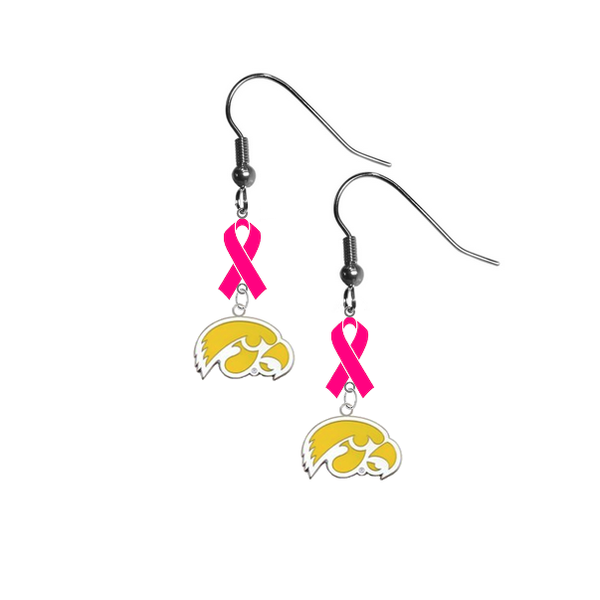 Iowa Hawkeyes Style 2 Breast Cancer Awareness Hot Pink Ribbon Dangle Earrings