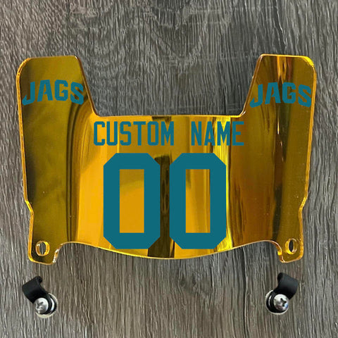 Jacksonville Jaguars Custom Name & Number Mini Football Helmet Visor Shield Gold Chrome Mirror w/ Clips - TEAL