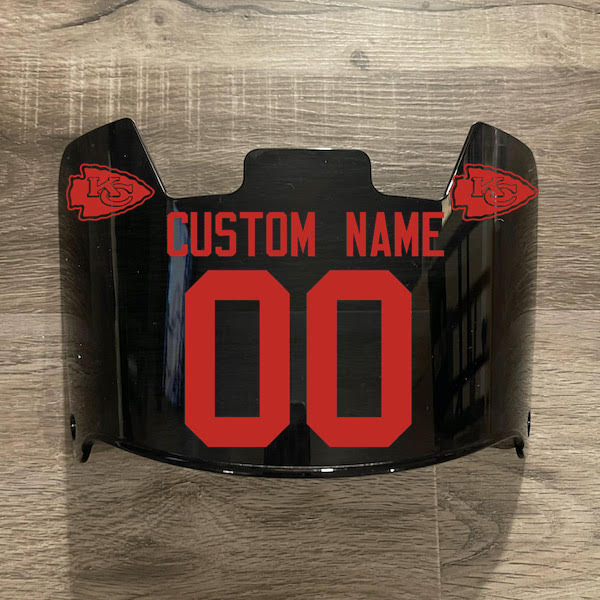 Kansas City Chiefs Custom Name & Number Full Size Football Helmet Visor Shield Black Dark Tint w/ Clips - RED