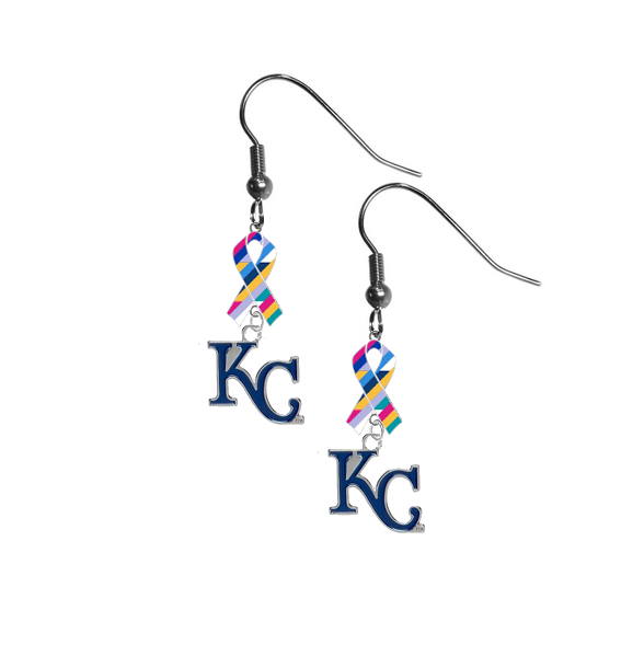 Kansas City Royals Style 2 MLB Crucial Catch Cancer Awareness Ribbon Dangle Earrings